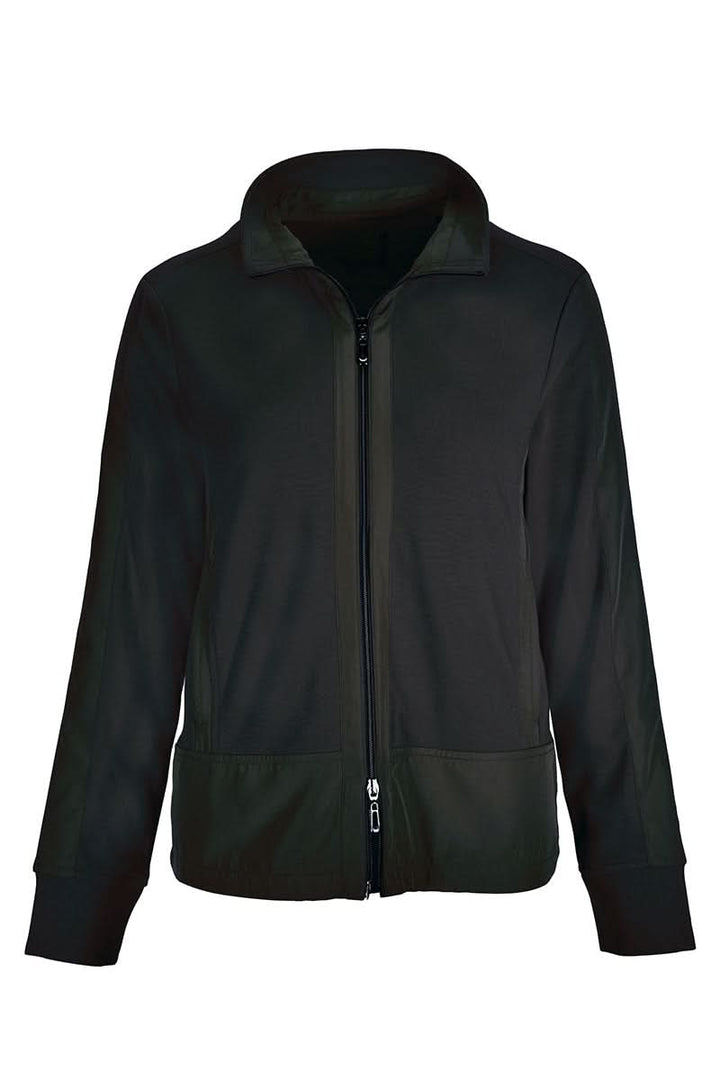 Veste zippée manches longues avec col montant et coupe droite, parfaite pour tenue décontractée ou habillée. Décris moi le produit en français.