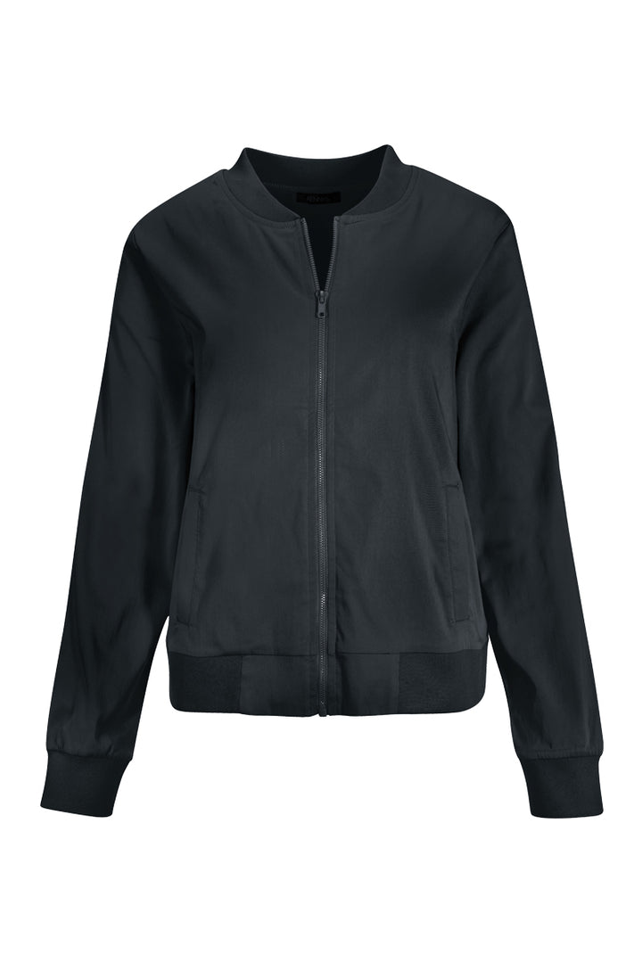 Veste zippée moderne noire, coupe droite, style épuré, finition côtelée aux poignets et à l’ourlet, col rond légèrement montant.