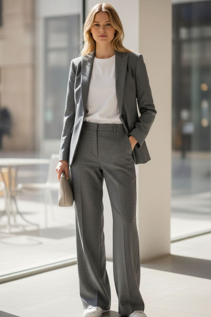 Veston tailleur structuré Cadie en gris, style moderne avec coupe droite, idéal pour un look professionnel ou décontracté.