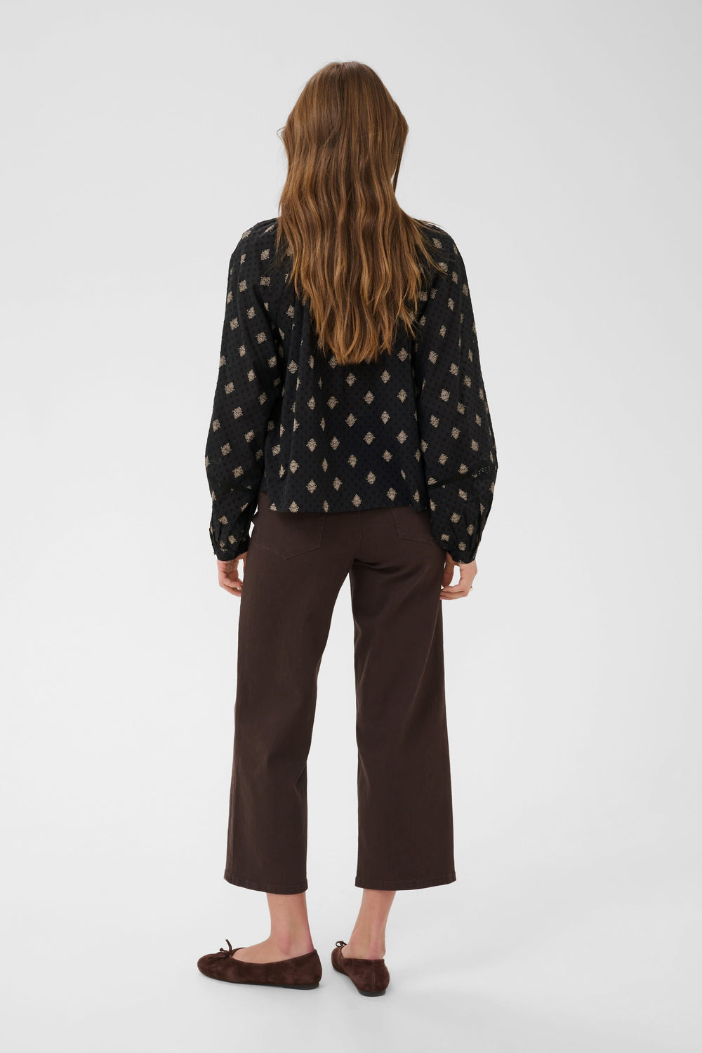 Front view of Kaffe women's blouse with puff sleeves and multicolored print - Valérie Simon