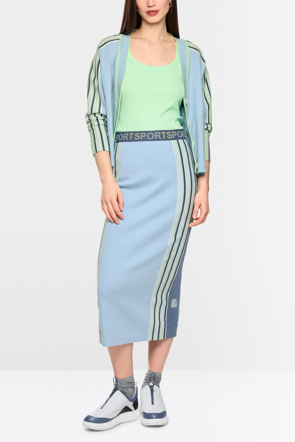 Front view of a beige Marc Cain women's knit cardigan with unique buttons - Valérie Simon