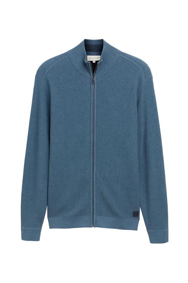 Vue de face cardigan zippé en maille Tom Tailor pour homme gris avec motifs en relief - Valérie Simon