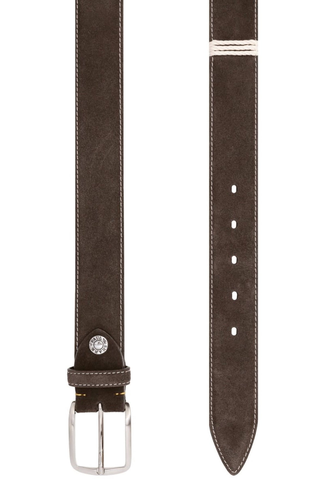 Vue latérale ceinture homme Paul and Shark en cuir suédé marron avec boucle argentée - Valérie Simon