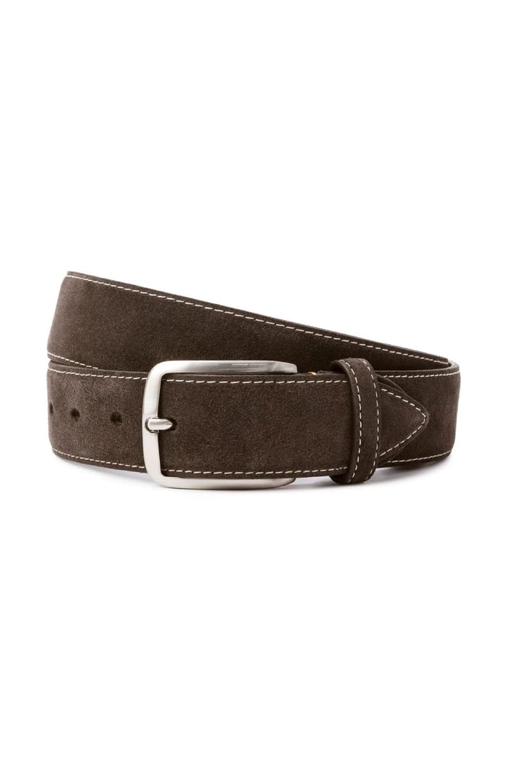 Vue de côté ceinture en cuir suédé Paul and Shark marron avec boucle métallique - Valérie Simon