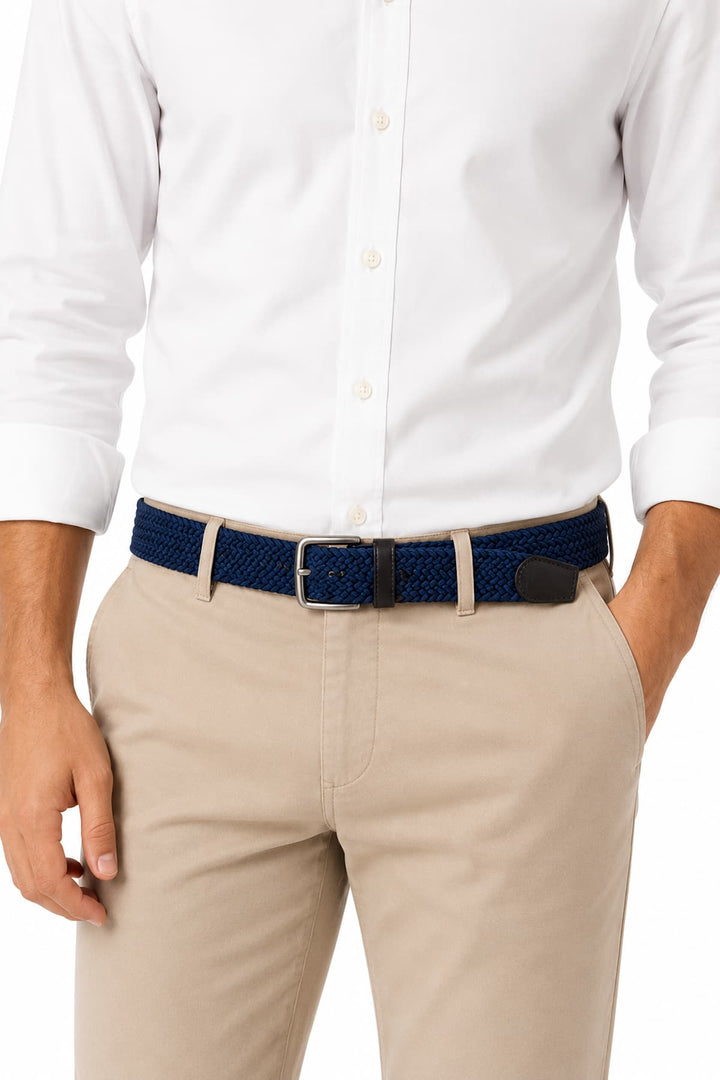 Vue de côté ceinture tressée extensible Meyer homme gris avec boucle large - Valérie Simon
