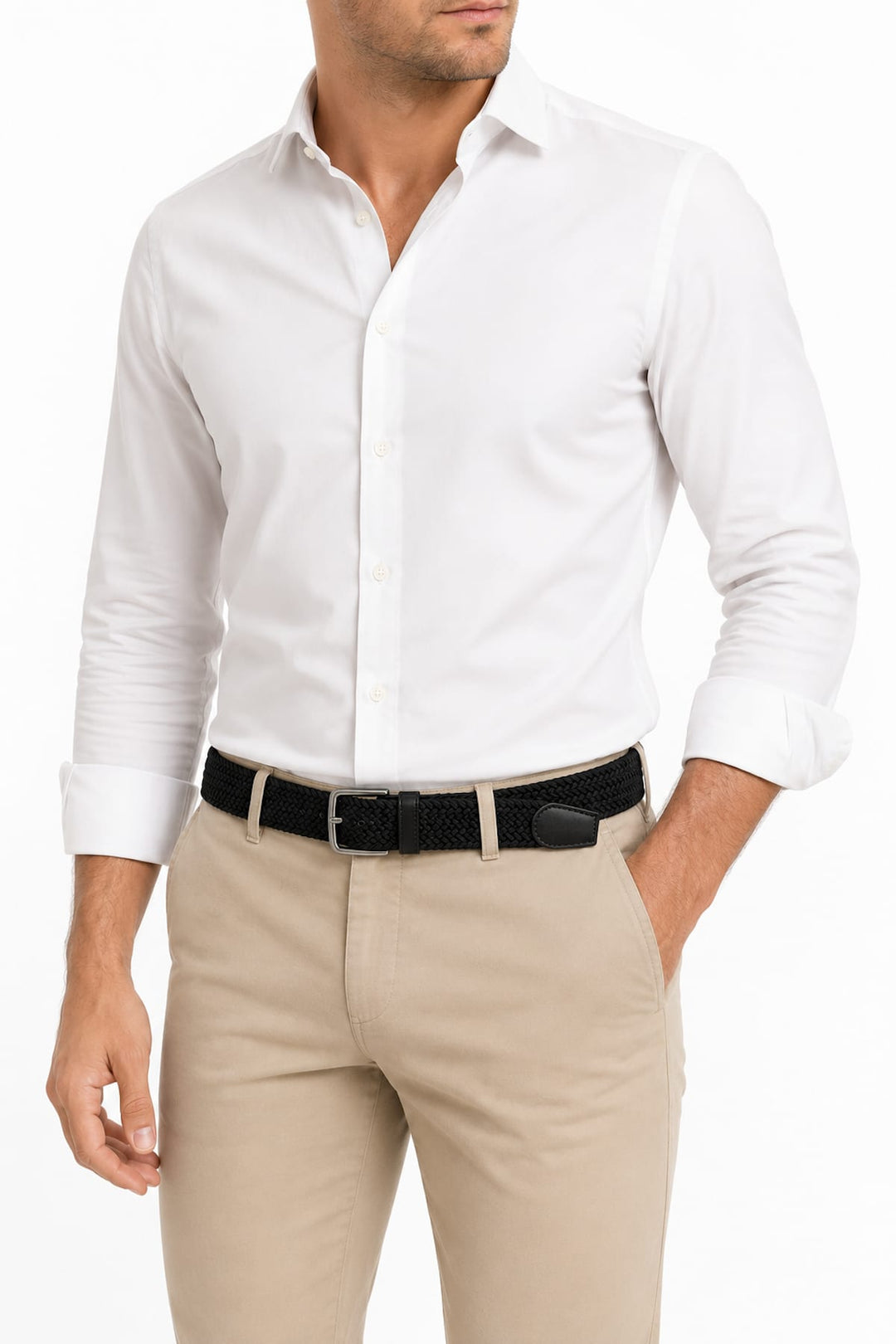 Vue de détail ceinture tressée extensible pour homme bleu et beige Meyer - Valérie Simon