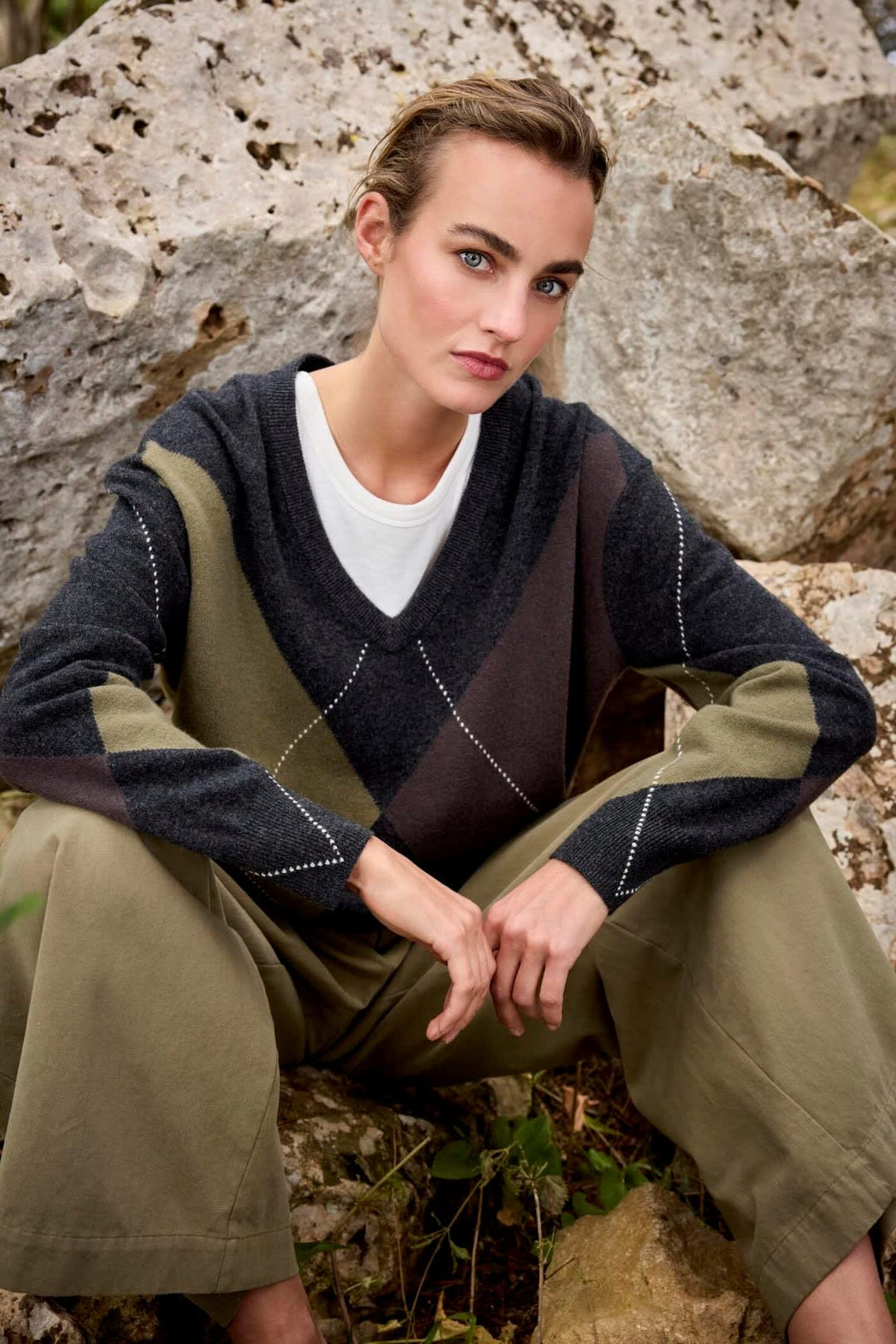 Vue de détail chandail losanges JC SOPHIE pour femme beige Valérie Simon