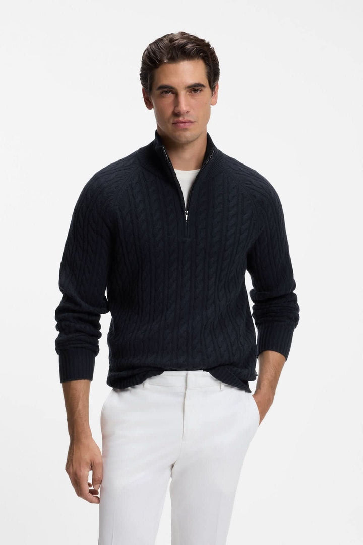 Hugo Boss cable-knit half-zip sweater front view