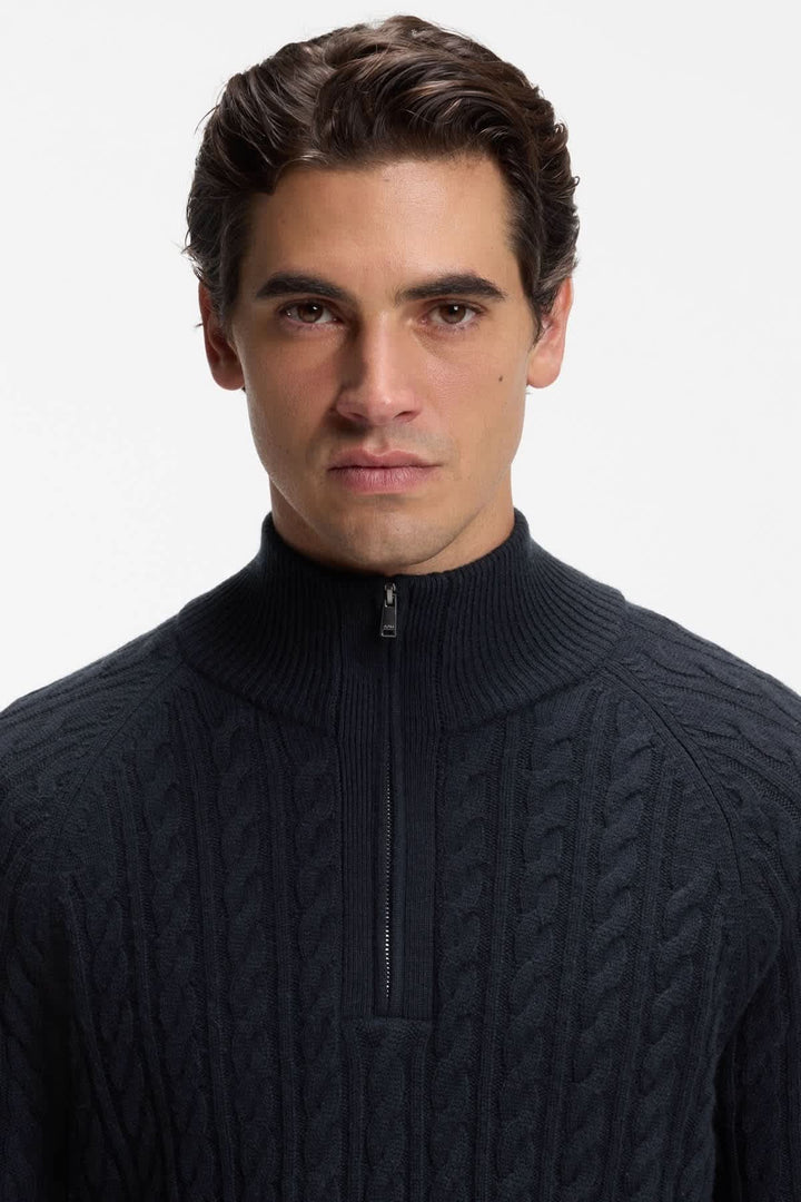 Hugo Boss cable-knit half-zip sweater front view