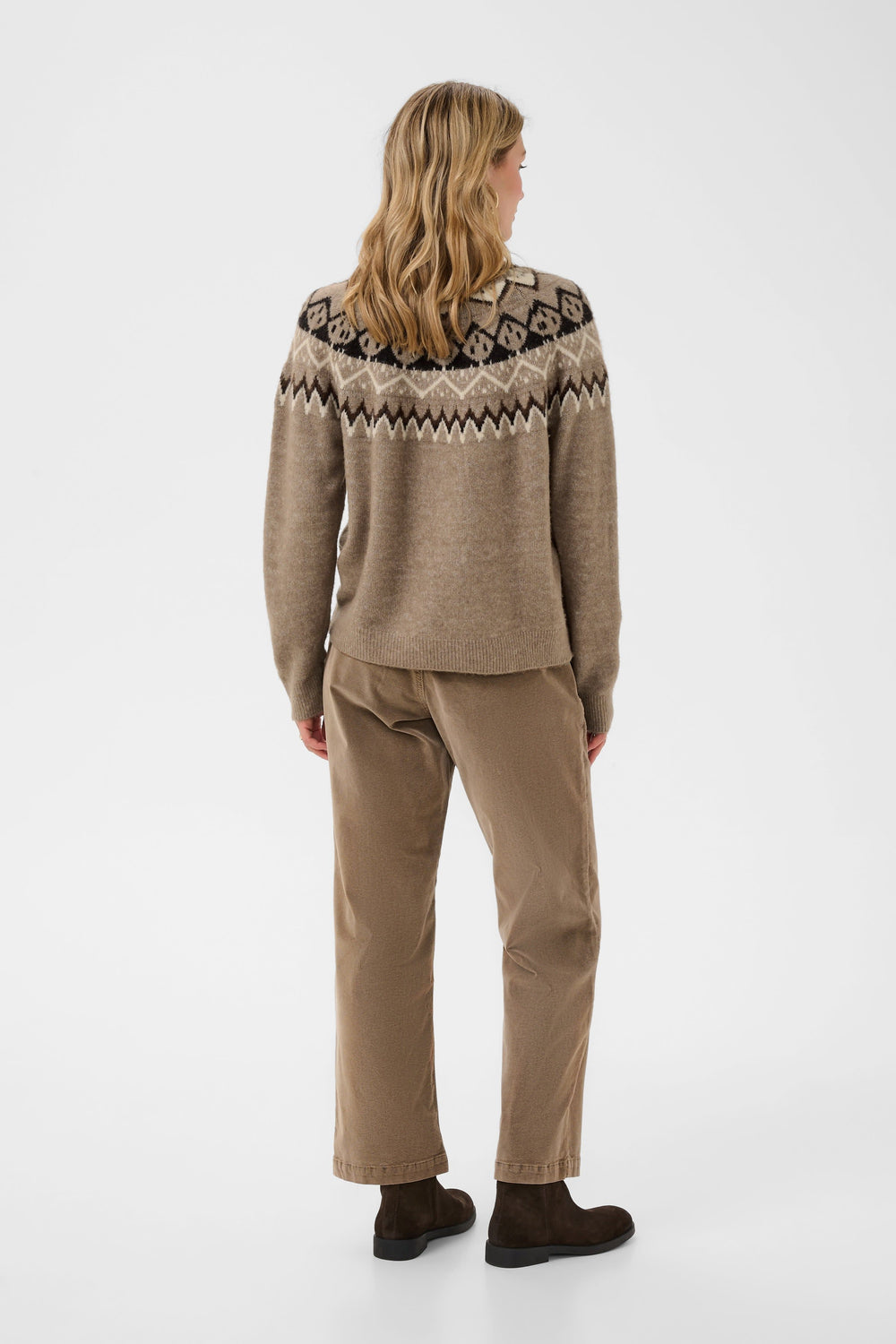 Vue de face chandail nordique maille jacquard rouge femme avec détail motifs Cream - Valérie Simon