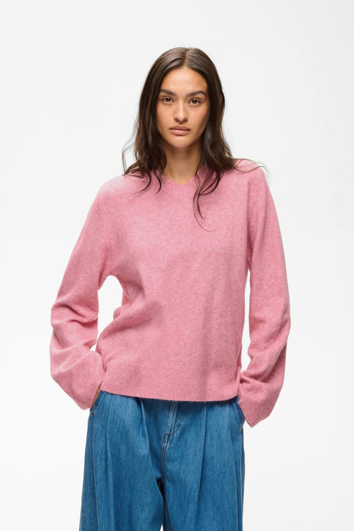 Vue de côté chandail col V Inwear femme beige en tricot fin détaillé - Valérie Simon