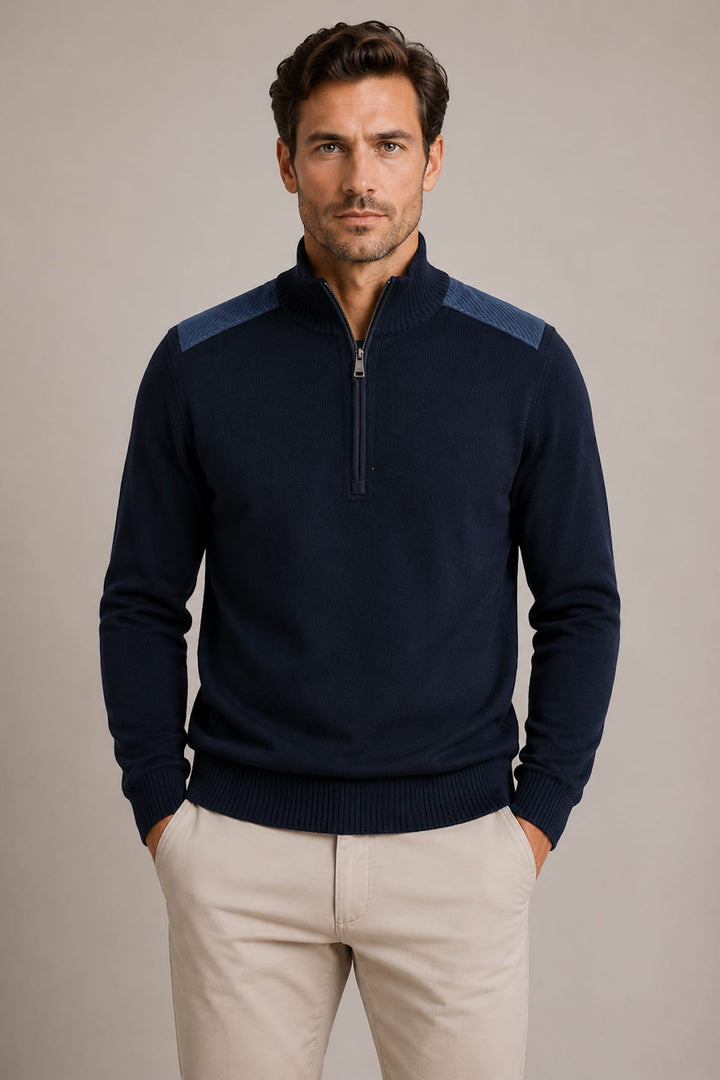 Front view of a blue Paul and Shark half-zip knit sweater with a logo on the chest - Valérie Simon
