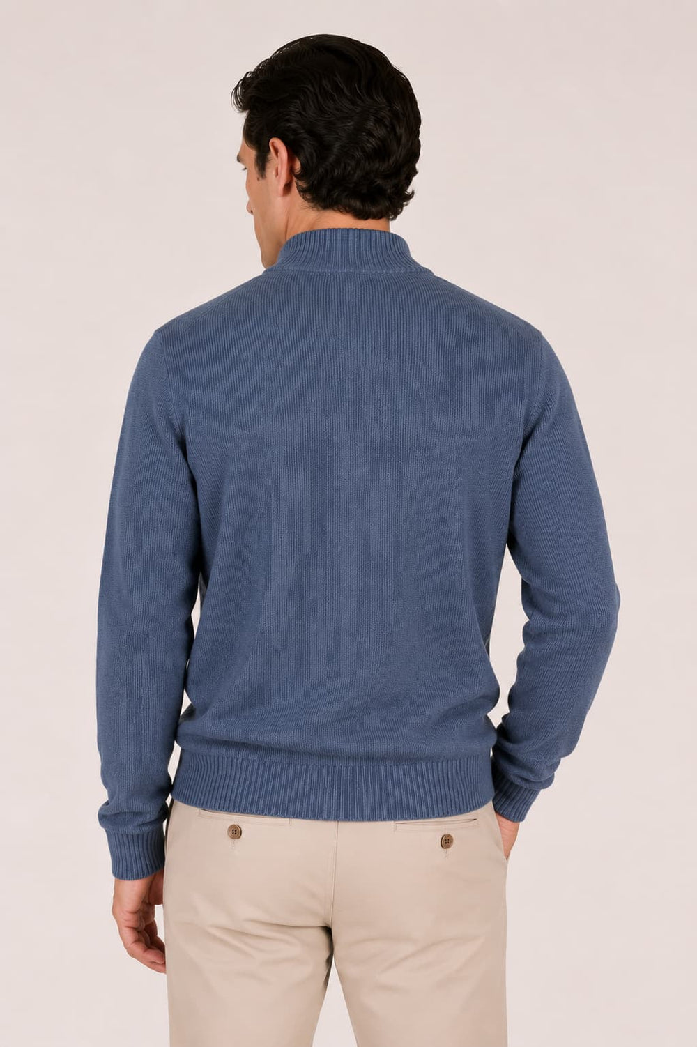 Front view of a blue Paul and Shark men's half-zip sweater with embroidered logo by Valérie Simon