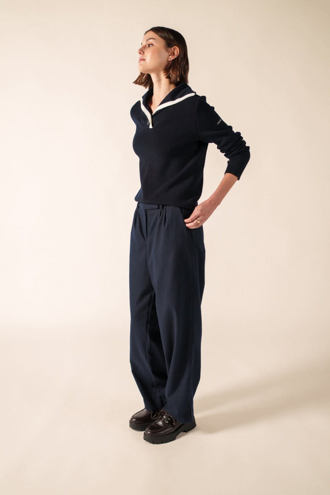 Front view of the GAVARNIE blue-and-white striped Saint James sweater for women - Valérie Simon