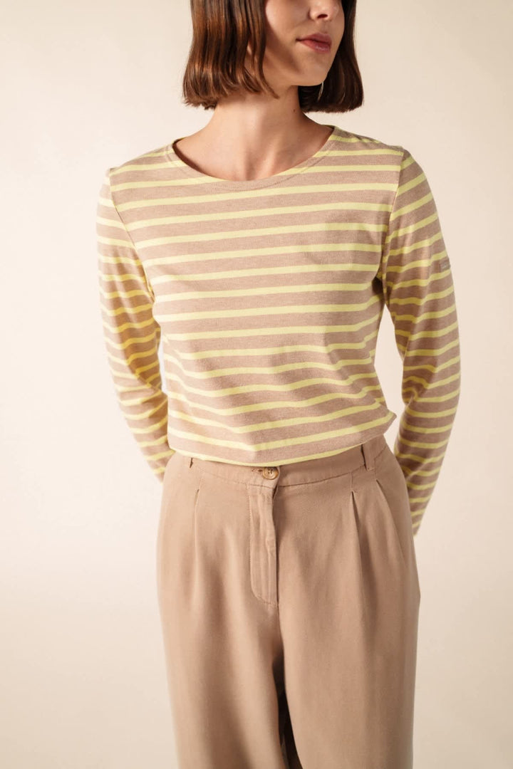 Front view of the MINQUIDAME striped navy and white Saint James women&