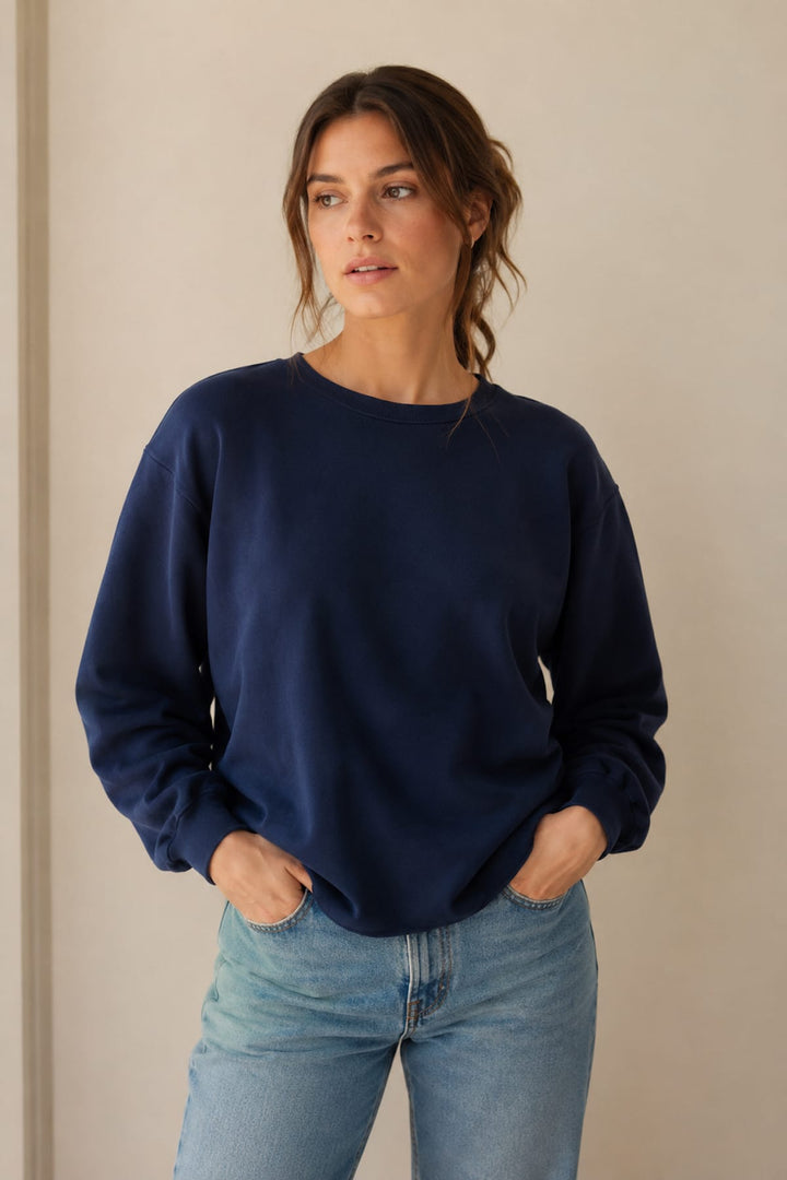 Front view of the JC SOPHIE women’s fleece sweatshirt in light grey, ribbed hems - Valérie Simon