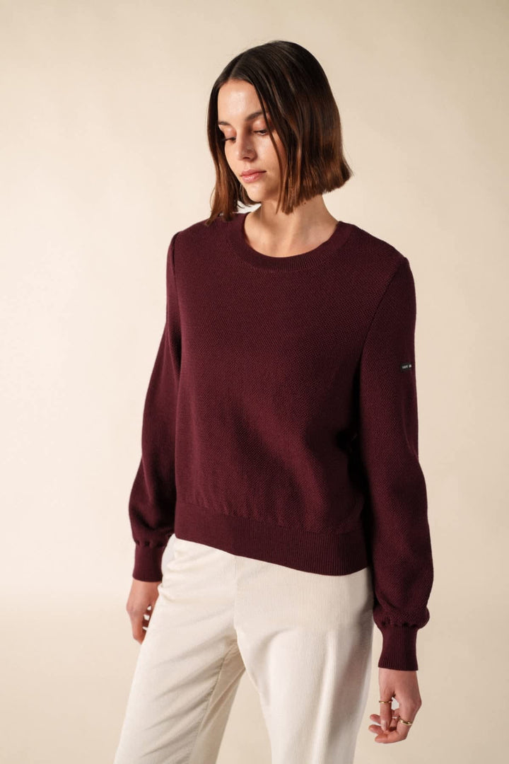 Front view of the blue knit sweater navy with white stripes by Saint James for women - Valérie Simon