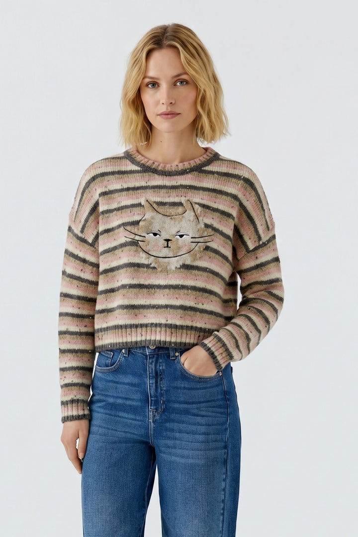 Chandail rayé à motif chat vue de face pour femme Oui
