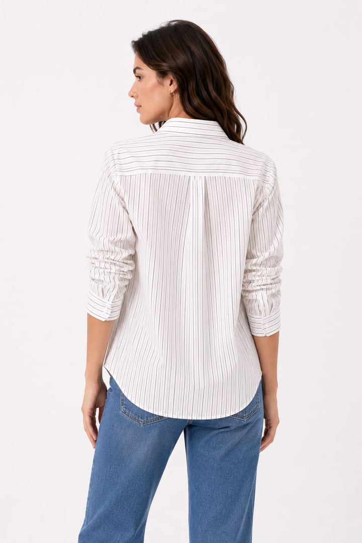 Front view of a white striped shirt Repeat Cashmere with gathered sleeves for women - Valérie Simon