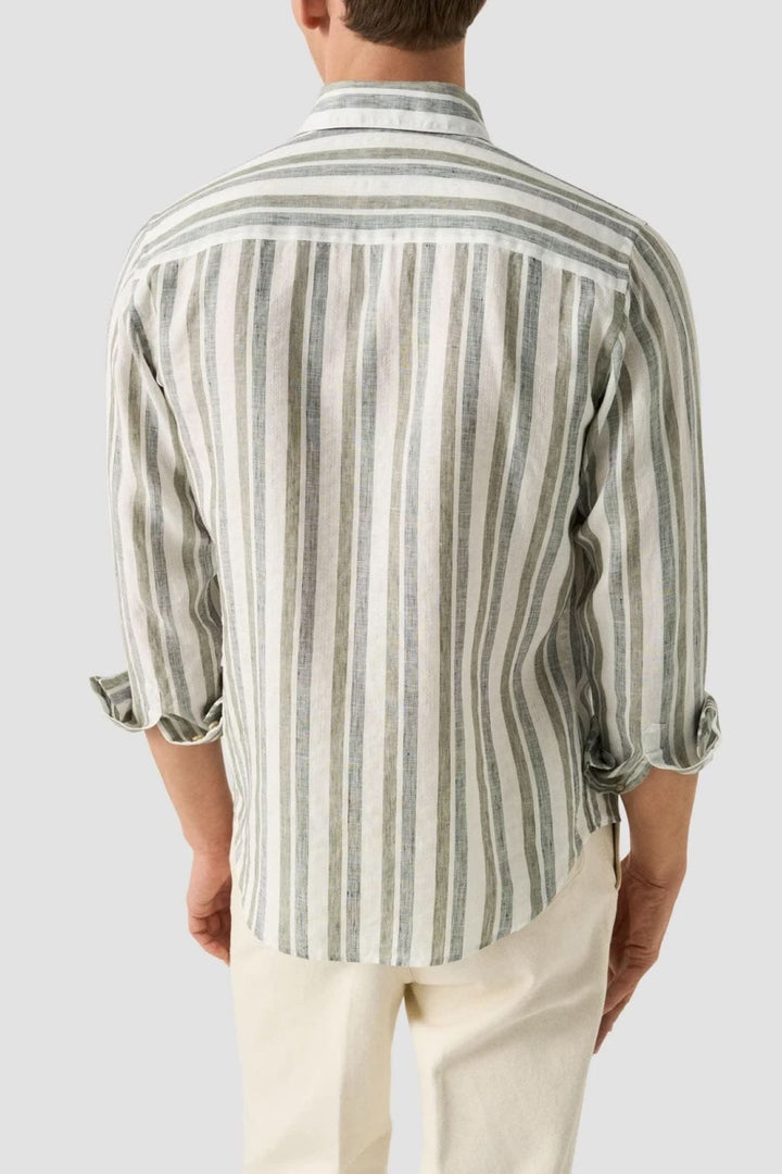 Vue de face chemise à rayures Eton pour homme en lin mélangé avec col boutonné blanc et bleu - Valérie Simon