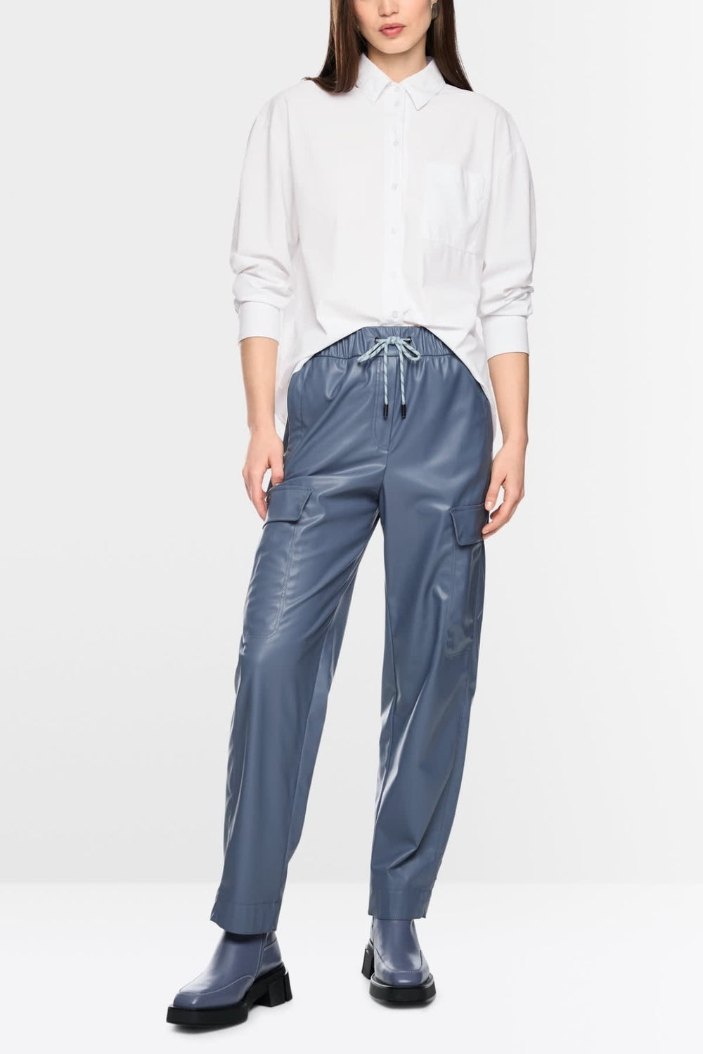 Front view of a classic white Marc Cain blouse with a pointed collar for women - Valérie Simon