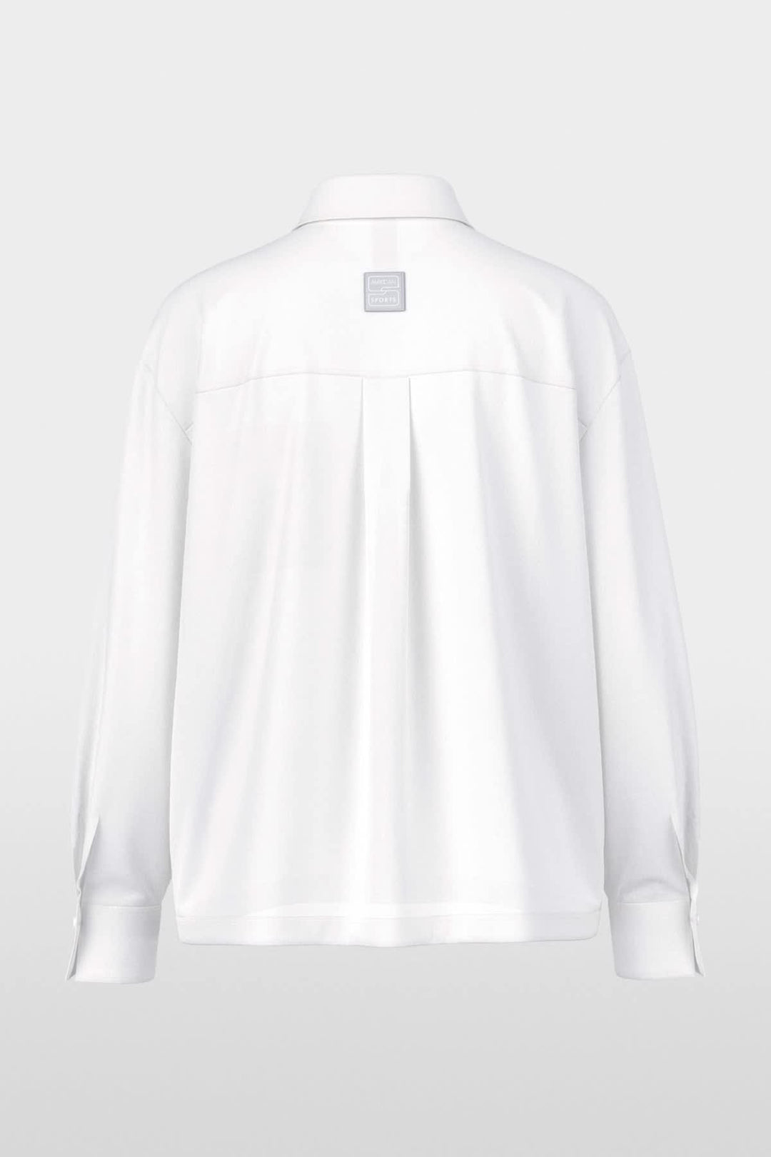 Front view of a classic white striped Marc Cain shirt by Valérie Simon