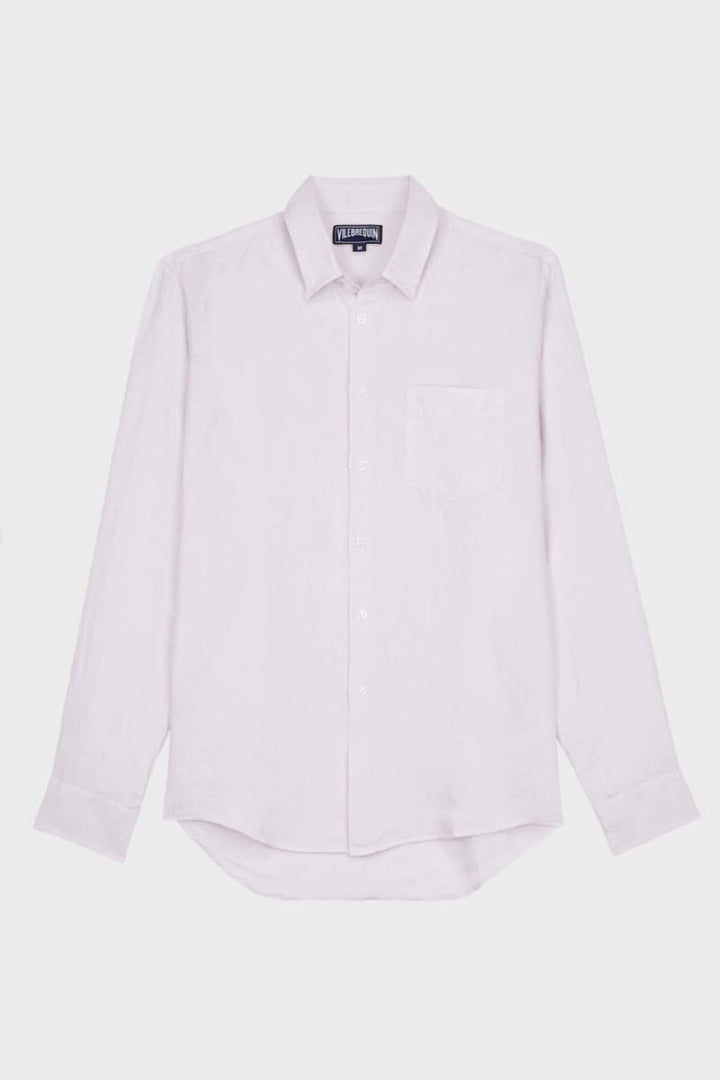 Vue de face chemise en lin Vilebrequin pour homme blanche avec poche poitrine - Valérie Simon