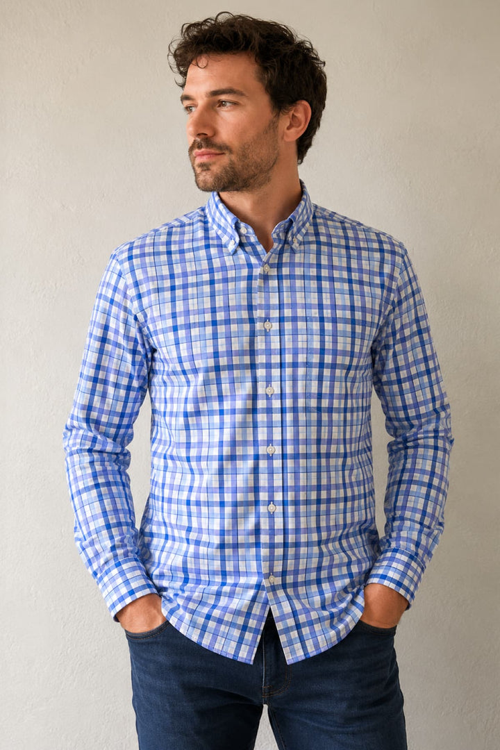 Front view of a red plaid shirt with a chest pocket by Paul and Shark for men - Valérie Simon
