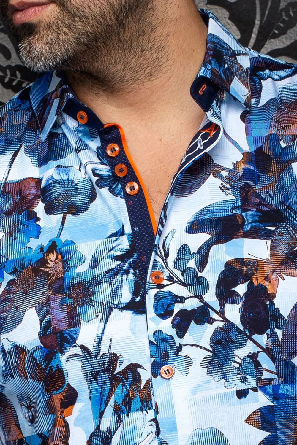 Black floral print sport shirt viewed from the front for men by Au Noir