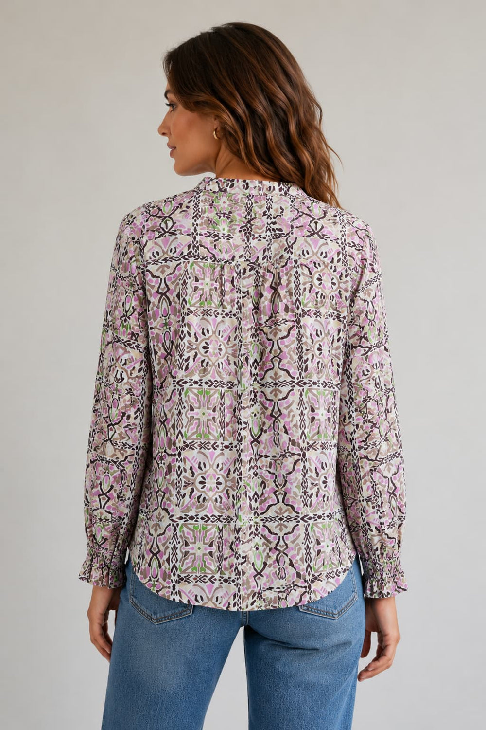 Front view of a purple printed collarless Brax blouse for women - Valérie Simon
