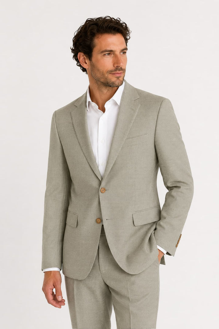Vue de face complet à carreaux subtils en laine extensible pour homme gris - Valérie Simon