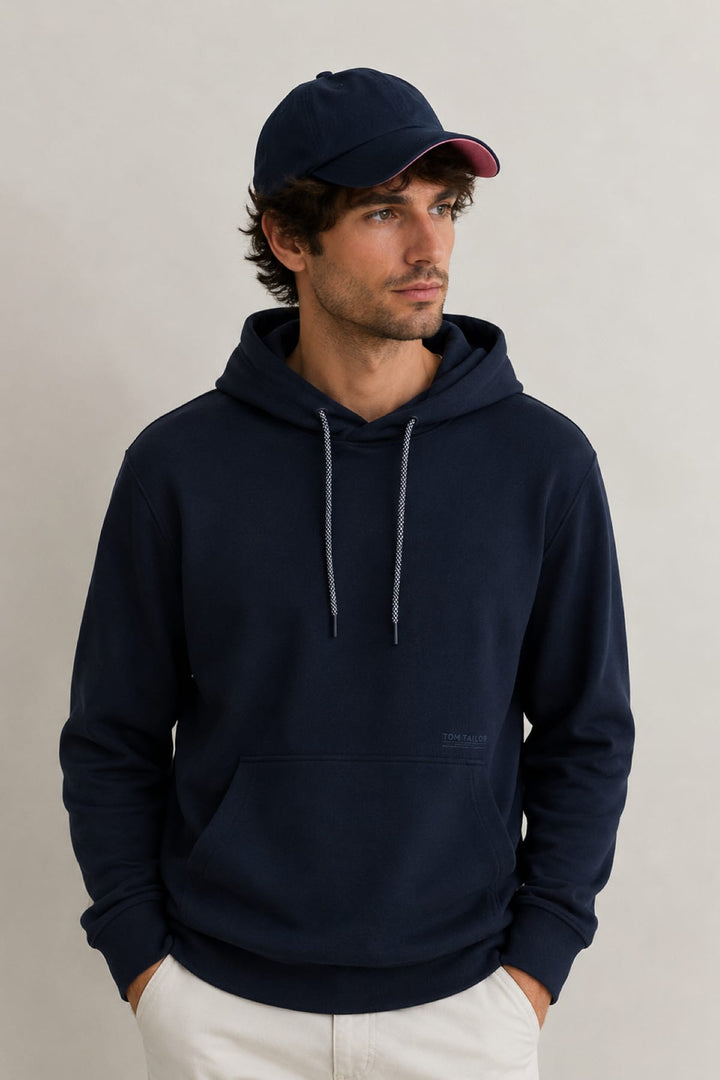 Front view Fleece cotton sweater of a blue hoodie with a kangaroo pocket by Tom Tailor for men - Valérie Simon