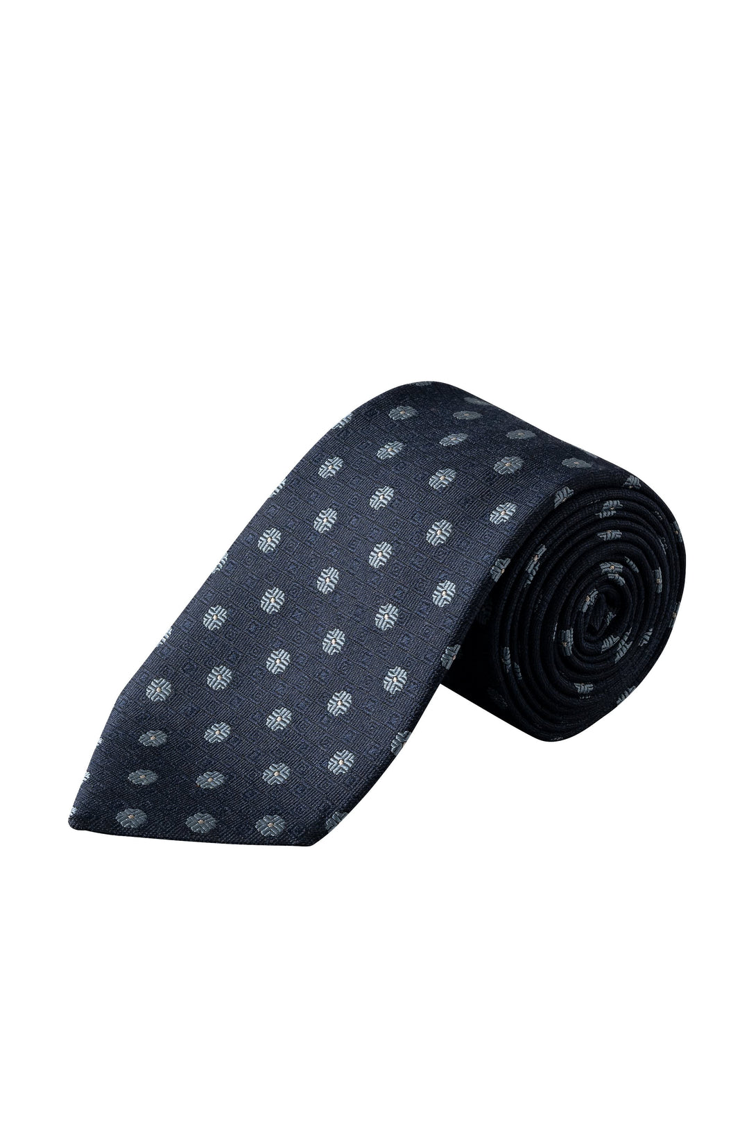 Side view of a blue Eton medallion silk tie navy - Valérie Simon