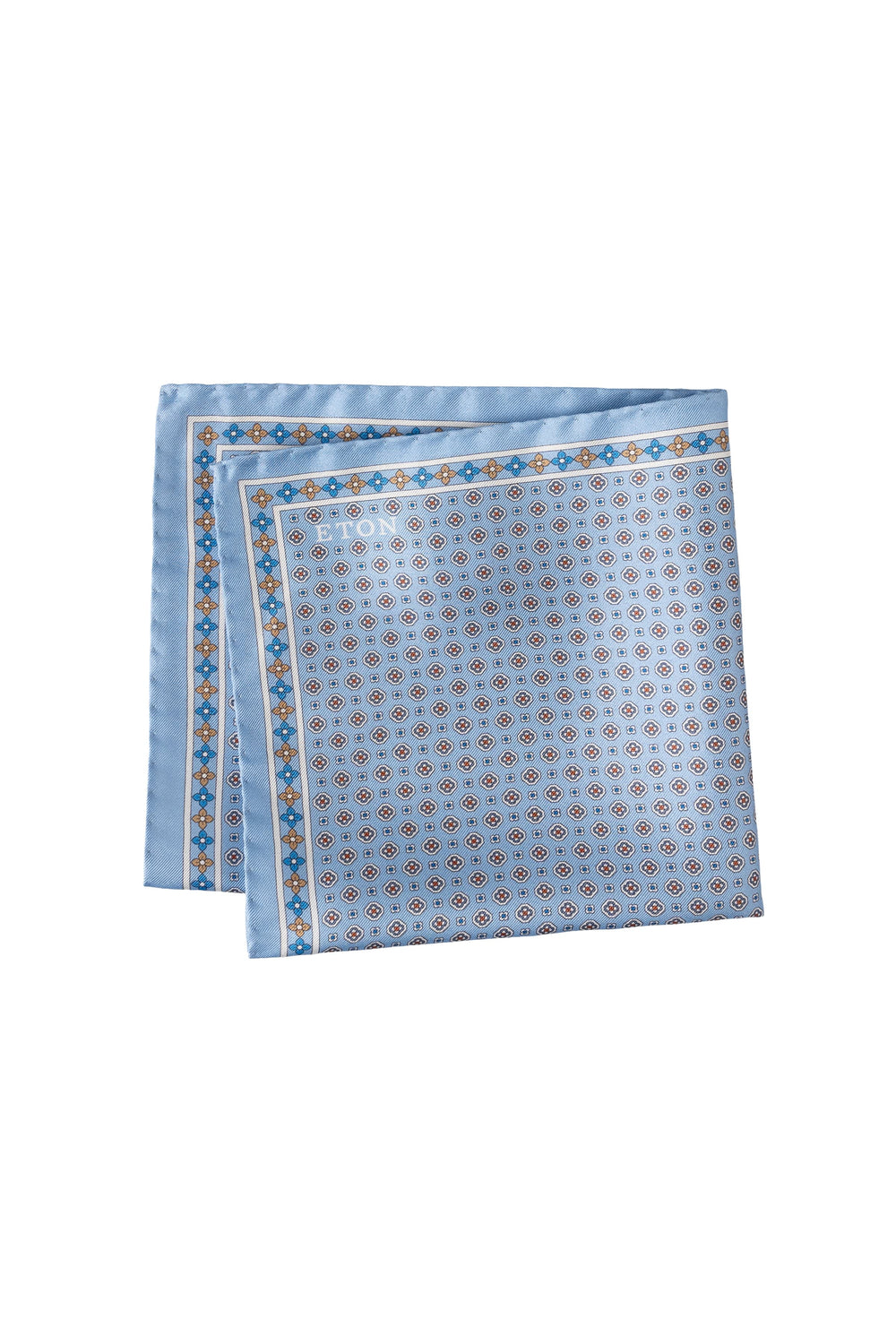 Close-up of a blue Eton men's pocket square with a micro-graphic pattern - Valérie Simon