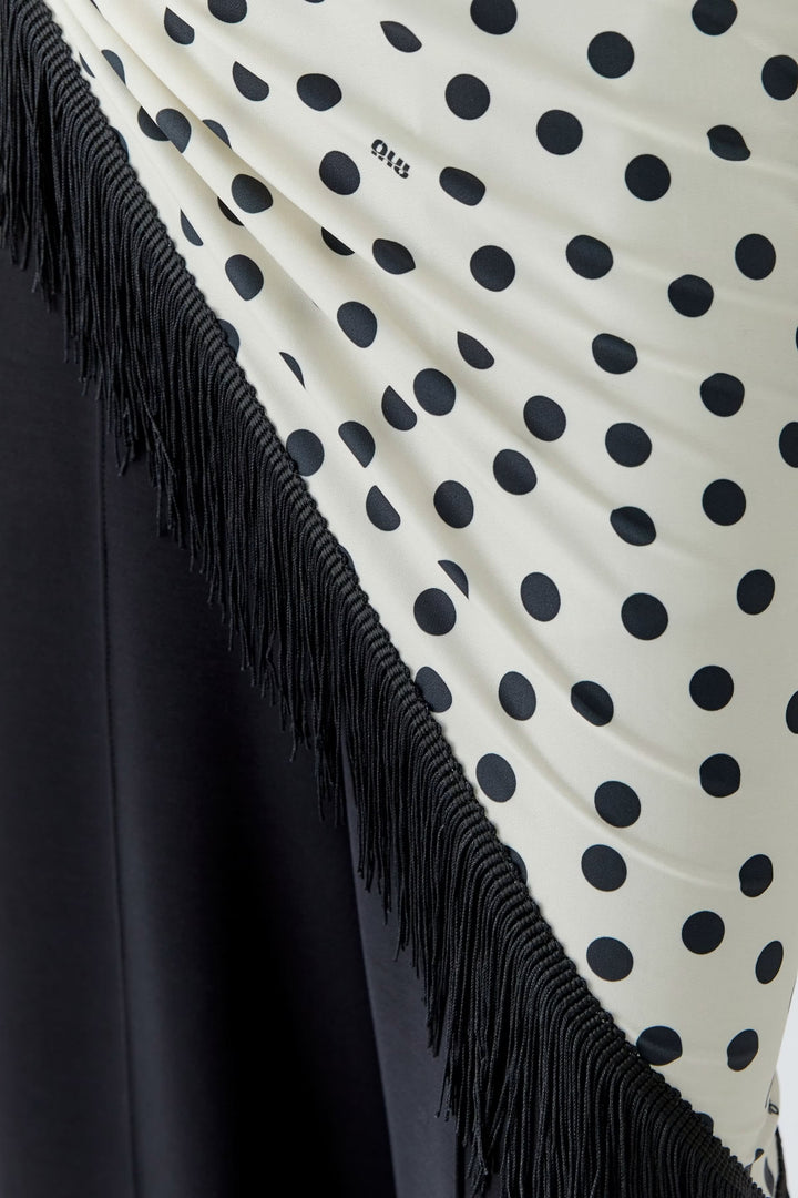 Front view of a colorful, polka-dot triangular scarf with fringe for women Oui - Valérie Simon