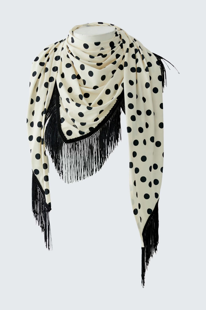 Front view of a black-and-white loose-fitting polka-dot scarf with fringe Oui - Valérie Simon