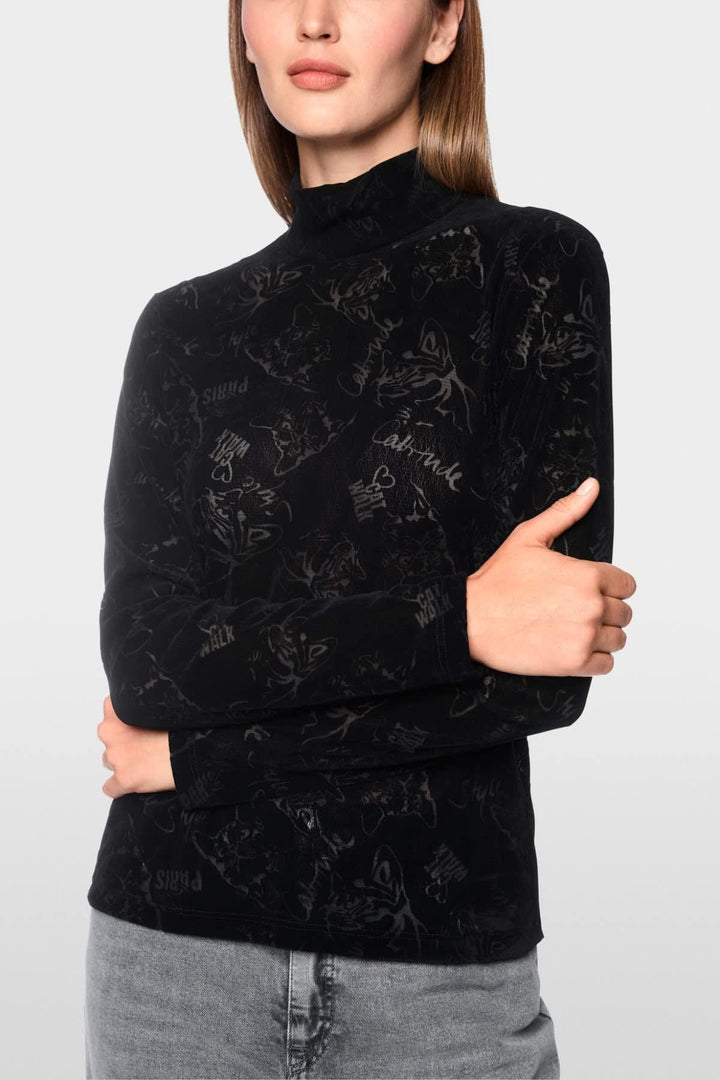 Haut à col roulé en velours stretch motif chat vue de face pour femme Marc Cain