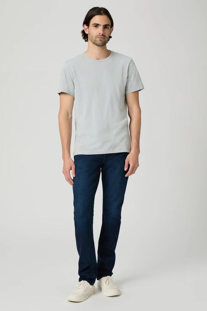 Vue latérale du jean droit Paige homme bleu foncé avec coutures contrastées - Valérie Simon