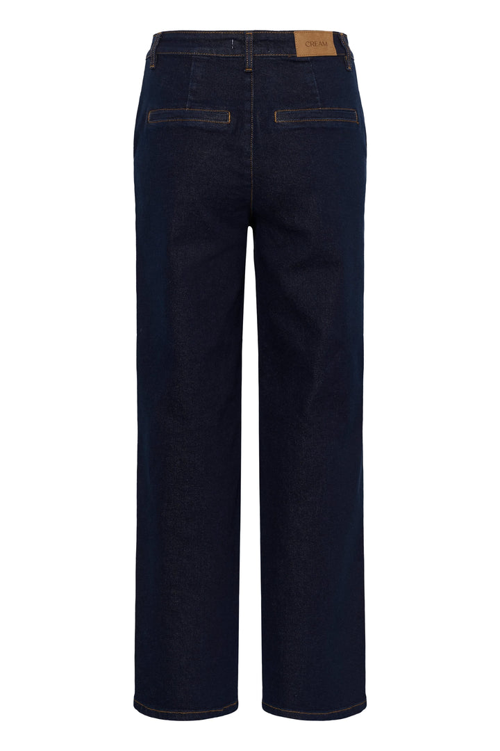 Side view of straight-leg jeans Cream for women in blue denim with exposed seams - Valérie Simon