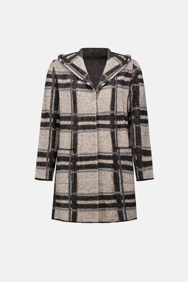 Front view of a beige Joseph Ribkoff plaid coat with a hood - Valérie Simon