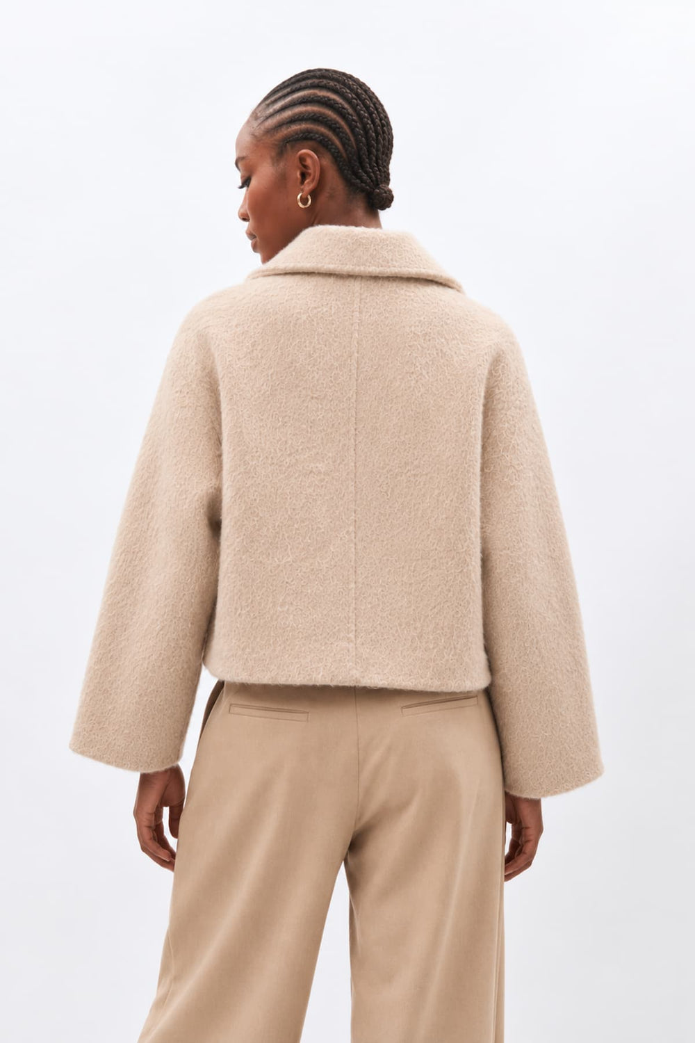 Women's Kinori textured double-breasted short coat, front view Humility
