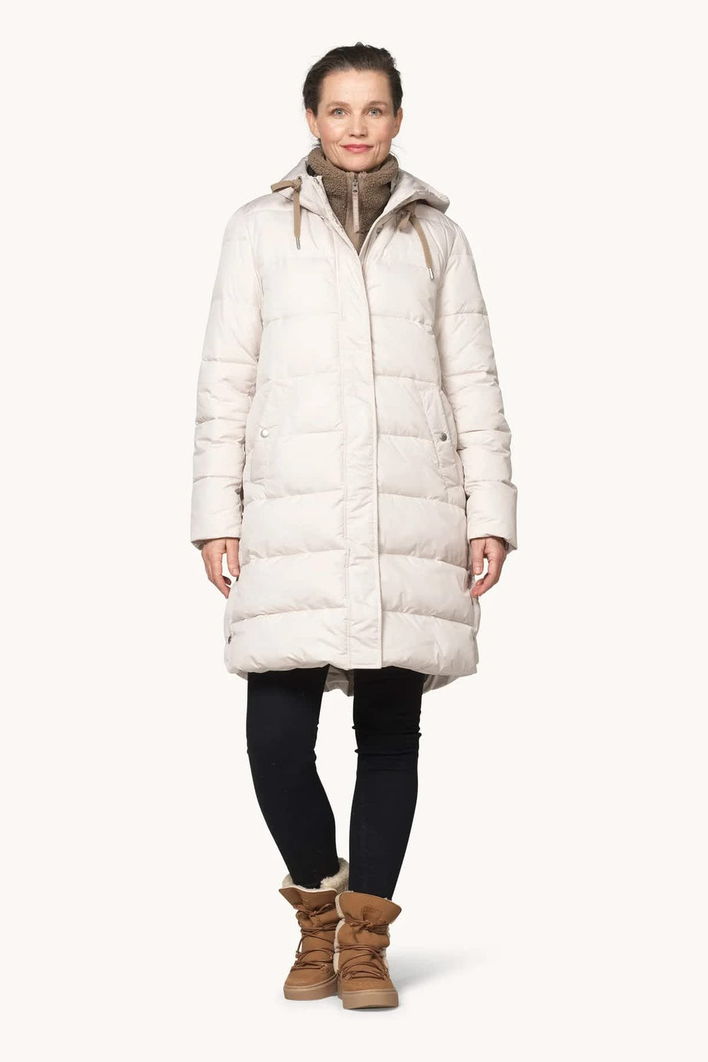 Ilse Jacobsen women's long hooded quilted winter coat, front view