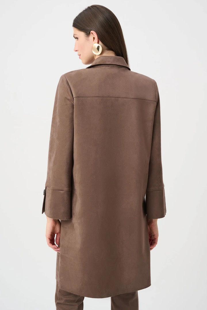 Front view of a camel-colored suede-look coat by Joseph Ribkoff for women, with a stand-up collar, featuring Valérie Simon