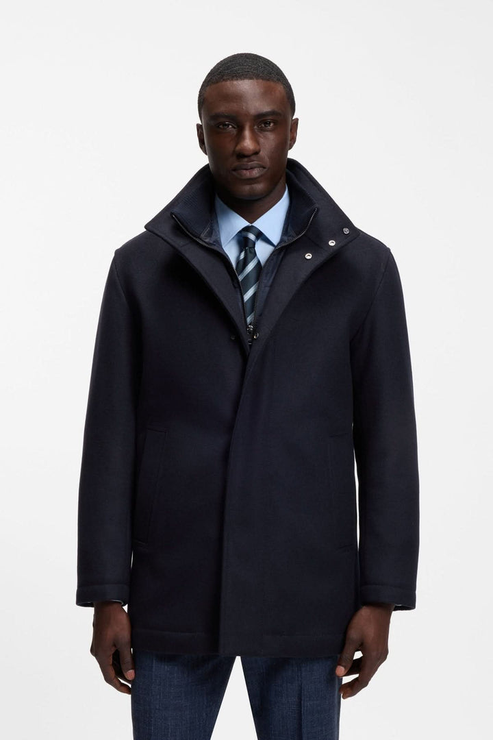 Hugo Boss men’s dress coat with stand collar, front view