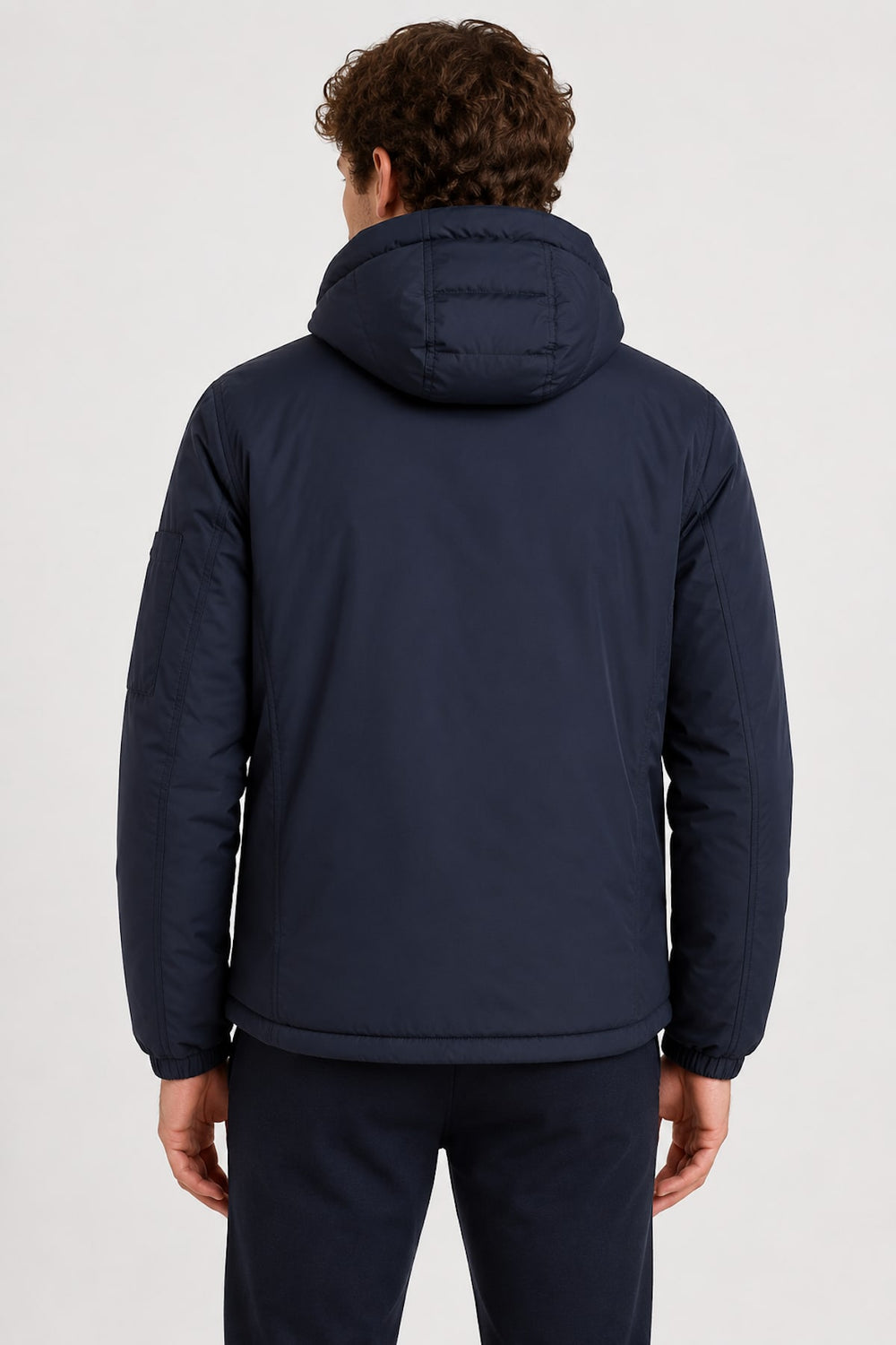Front view of a black Paul and Shark men's quilted hooded coat with a zipper by Valérie Simon