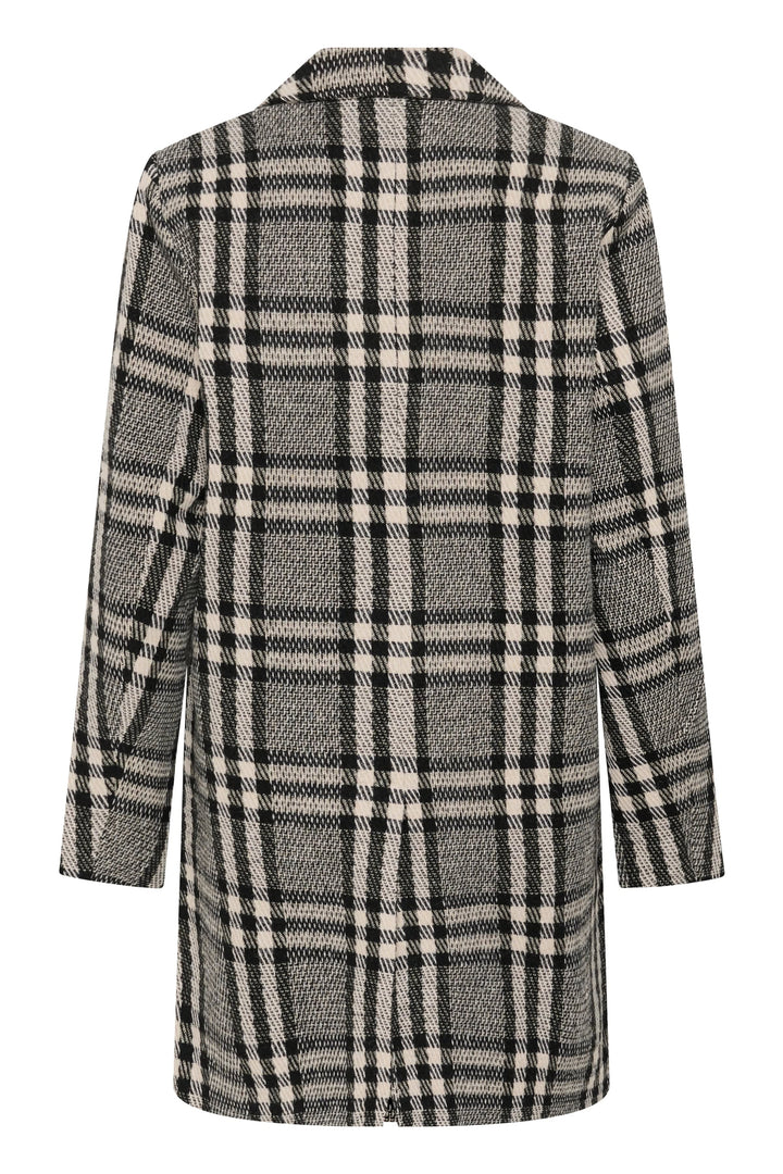 Side view of the Kaffe beige plaid Vibeke coat for women with a wide collar - Valérie Simon