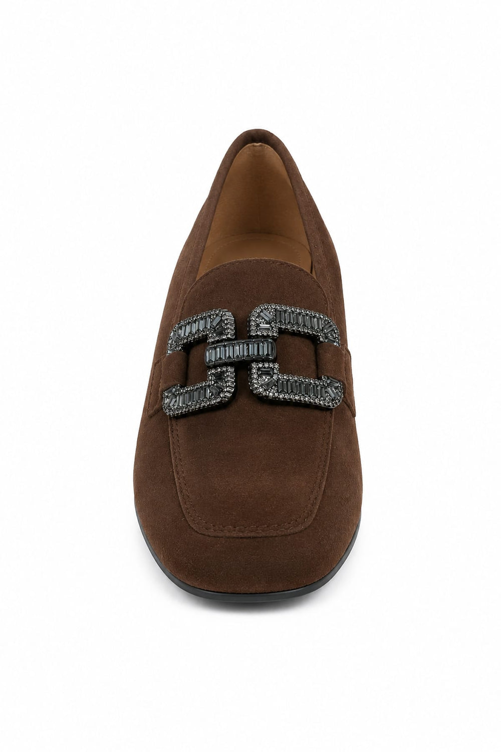 Women's Gabor suede loafers with decorative chain detail, front view