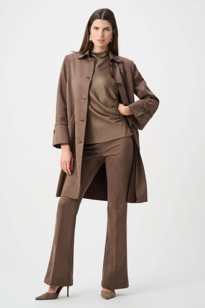 Front view of light brown suede-effect flared pants by Joseph Ribkoff for women - Valérie Simon