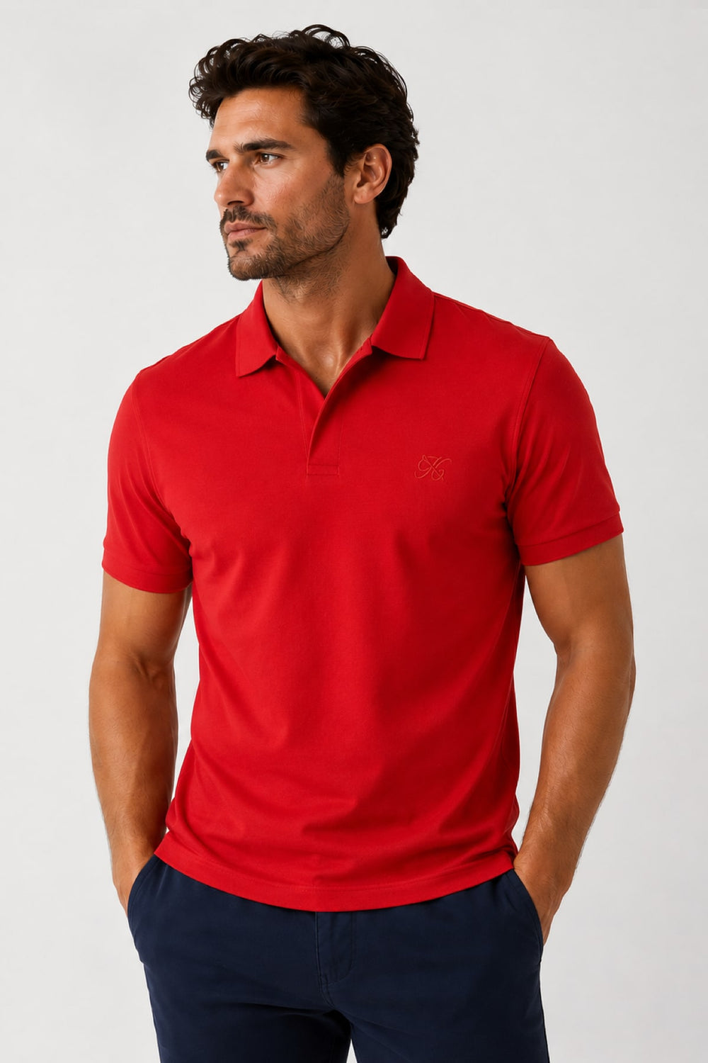 Front view of the Lief Horsens men's blue stretch short-sleeve polo shirt with logo - Valérie Simon