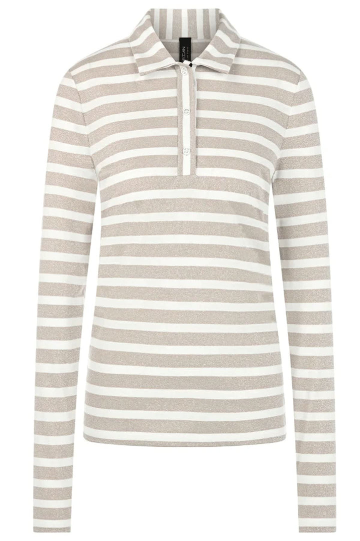 Front view of a striped polo shirt with metallic thread by Marc Cain for women - Valérie Simon